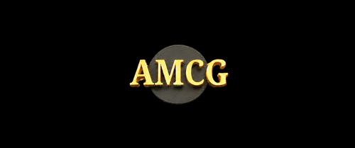 AMCG lapel pin with raised gold lettering on a smooth solid black background